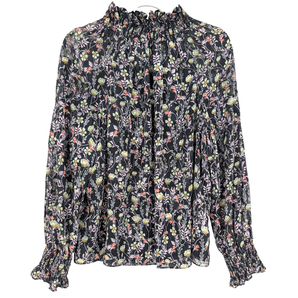 Rebecca Taylor Floral‎ Silk Chiffon Blouse 2 Black Cottage Romantic Boho Gothic